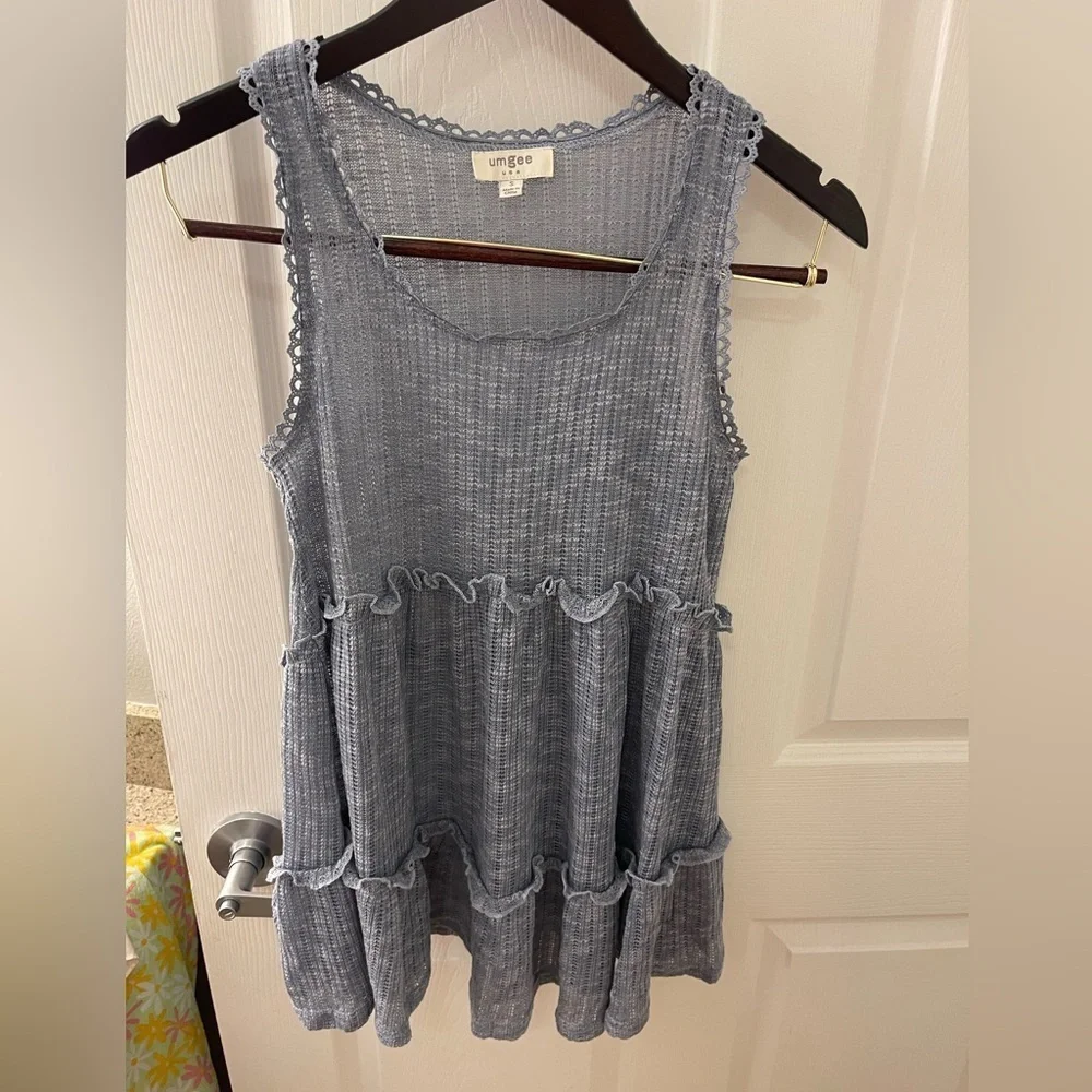 Umgee Blue Sleeveless Ruffle Blouse - Picture 1 of 5